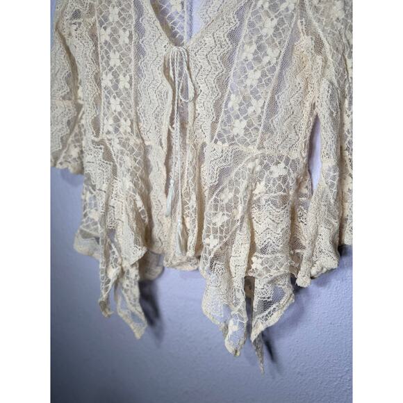 Haute Monde Boho Lace Cardigan Cream Sheer Floral Tie Front Handkerchief Hem S - Picture 3 of 8